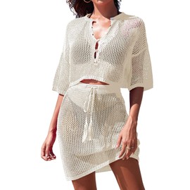 Pink Queen 2 Piece Crochet Swimsuit Cover Ups for Women Hollow Out Knitted Bathing Suit Bikini Coverup Beach V Neck Crop Top and Skirt Sets White L