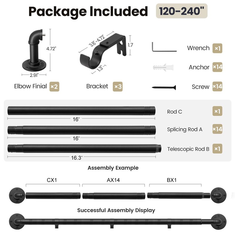 1 Inch Curtain Rods for Windows 120 to 240, Outdoor