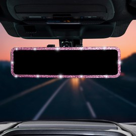 JOYTUTUS Rear View Mirror, Universal 11.81 Inch Panoramic Rearview Accessories with Bling Rhinestones Crystal Diamonds Edge, Interior Clip-on Wide Angle Rear View Mirror -Pink