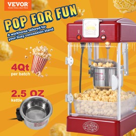 VEVOR Popcorn Maker, 300W Popcorn Popper Machine, 2.5 Oz Kettle Makes 4 QT per Batch, Tabletop Popcorn Maker with PP Door, Includes 2 Scoops and Tray, Movie Theater Style, Red