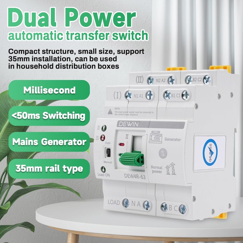 DEWIN Automatic Transfer Switch, 4P 63A 400V ATS Dual Power