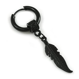 1Pcs Single Dangle Feather Charm Hoop Huggie Earring for Unisex/Men/Women In Black Tone/ 18mm D
