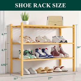 Smiry Shoe Rack, 3 Tier Bamboo Shoe Organizer, Stackable Free Standing Wooden Shoe Storage Shelf for Closet, Entryway, Front Door Entrance, Natural