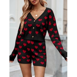 Tankaneo Tankaneo Womens Valentine's Day Sweater Sets Heart Knit Long Sleeve Cropped Cardigan and Shorts 2 Piece Outfits