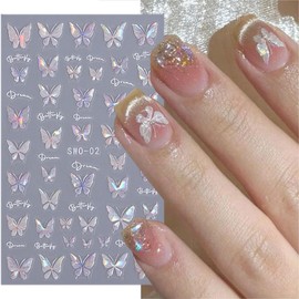 6 Sheets Pink Butterfly Nail Stickers 3D Self-Adhesive Nail Art Stickers Laser Shiny Butterfly Nail Decals Spring Butterflies Nail Design Stickers for Women Nail Charms Acrylic Manicure Decorations