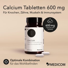 Medicom - Calcium Tabletten 600 mg, Calcium, Vitamin D3 (200 I.E.), Vitamin K, Vitamin K1 und Vitamin K2 (all-trans MK-7), zum Erhalt normaler Knochen - 60 tabletten