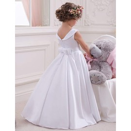 Hengyud Satin White First Communion Dresses for Girls Lace Off Shoulder Flower Girls Dress for Wedding