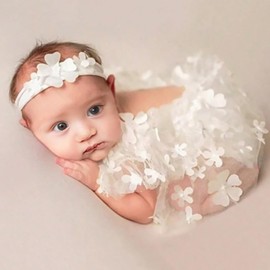 Newborn Photography Outfits Girl, Photo Shoot Props, Baby Girls Bodysuit with Flower Headband (White)