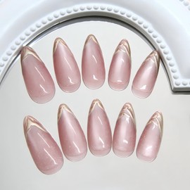 RUOKEXIN Almond Press on Nails French Tip Fake Nails Medium False Nails with Designs Cat Eye Nail Press ons Sparkly Artificial Nails Cute Stick on Nails for Women 24Pcs