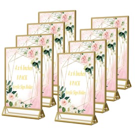 EKINIYAR 4x6 Acrylic Sign Holders 8 Pack Gold Table Number Holder for Wedding Picture Frame Stand Double Sided Table Menu Stands with Vertical Stand, Photos and Art Display