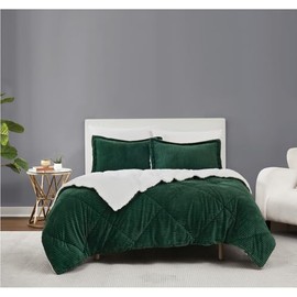 2-Piece Cabin Lodge Style Textured Fluffy Comforter Set Twin XL Size | Reversible Ultra Soft Plush Polyester Fiber Filling Premium Bedding | Beautiful Pretty White Dark Green Colors Solid Pattern