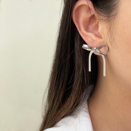 LEMEDO Silver Bow Earrings for Women Dainty Ribbon Bow Knot Stud Earrings Cute Bowknot Chain Earrings Dangle Statement Jewelry