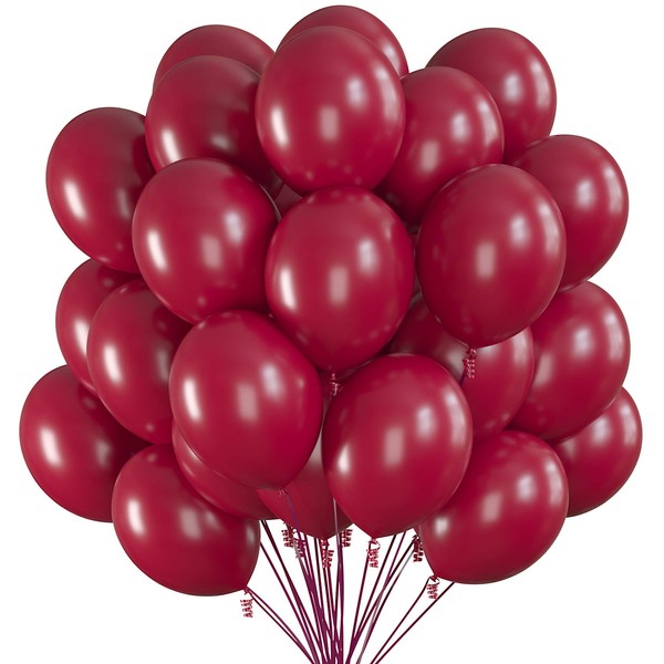 Prextex 75 Garnet Red Party Balloons 12 Inch Deep Red Balloons with Matching Color Ribbon for Themed Party Decoration, Weddings, Baby Shower, Birthday Parties Supplies or Arch Décor - Helium Quality