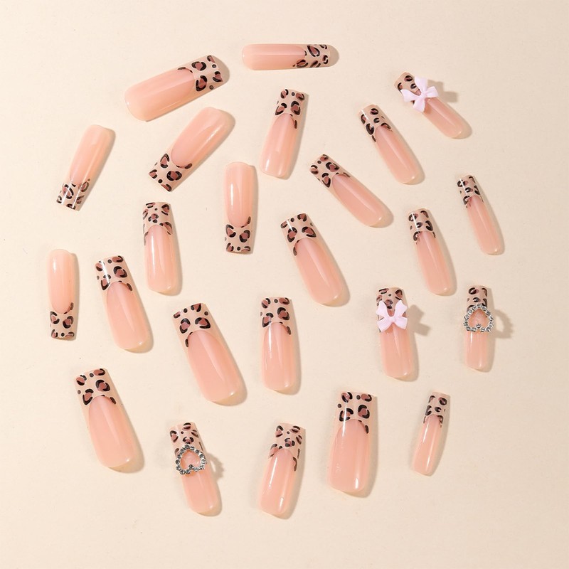 NICENEEDED 24 Pcs Long Square Press On Nails, French Leopard