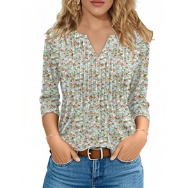 FreshNight V Neck Tops for Women Summer Tops 3/4 Sleeve Womens Dressy Top and Blouse Spring Top for Women Trendy Green Print M