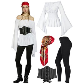 kasahara Pirate Costume Women's Set Medieval Pirate Off Shoulder Outfit with Tops Blouse, Corset, Leggings, Headscarf, Carnival Full Fancy Dress Costume (White, L)