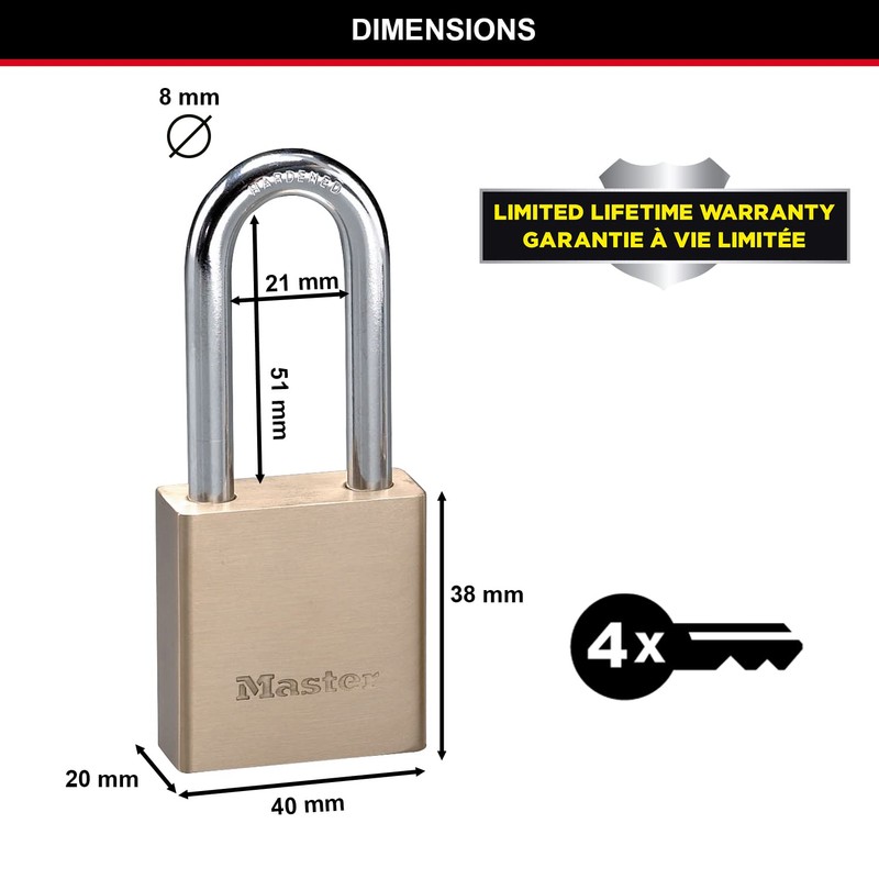 Master Lock Long Shackle 576EURDLH Thick Brass Body Padlock with