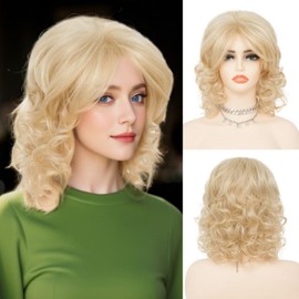 Tseses Short Curly Blonde Wigs for Women Natural fluffy Wig with Bangs Synthetic Wig for Cosplay Party