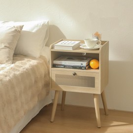 AWASEN Nightstand with Charging Station, Modern Bedside Table with Glass Decorative Drawer, Small End Table Side Table with 2 Tiers Storage Space, for Bedroom, Living Room and Small Space (Natural)