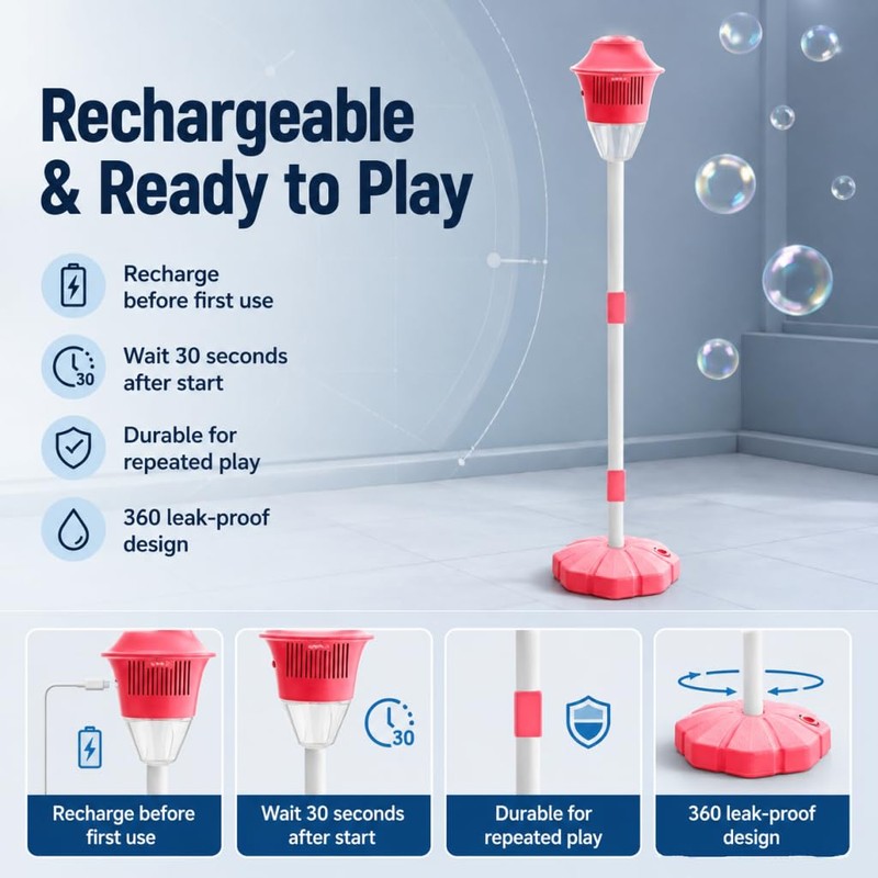 New Bubble Machine, 47in Rechargeable Automatic Bubble Maker with Light