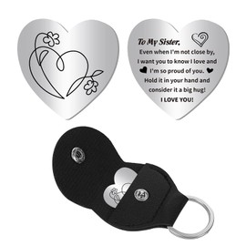 CREATCABIN Heart Pocket Hug Token Flower Heart Long Distance Relationship Keepsake Keychain Stainless Steel Double Sided with Leather Keychain Gift for Family Friends Women Sister Sliver 1Inch