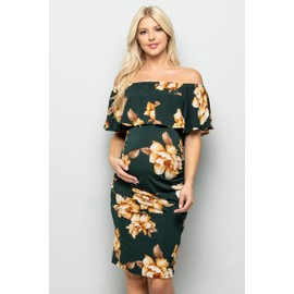 My Bump Womens Off Shoulder Maternity Dress - Ruched Ruffle Off Shoulder Baby Shower Pregnancy Dress (Made in USA)(H.Green SK2AC, Small)