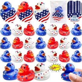 AMENON 24 Pack 2'' Patriotic Rubber Duck with Cards, 4th of July Party Favors Baby Bath Toys Memorial Day Float Ducks Squeeze Squeak Summer Beach Pool Fourth July Supplies Red White Blue Gifts