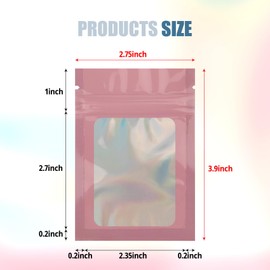 50 Pcs Pink Mylar Bags 2.7x3.9 Inch with Clear Window - Holographic Resealable Foil Pouch Packaging for Food Storage, Jewelry, Lip Gloss, and Small Business Use