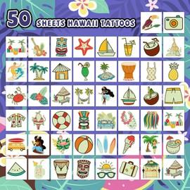 EMOME Luminous Beach Luau Pool Party Decorations, 50 Individually Wrapped Sheets Glow Beach Tattoos Goody Bag Stuffers for Kids, Hawaiian Party Favors Kids Tattoos