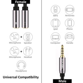 DUKABEL Long Headsets Splitter Adapter (4ft/1.2m) 3-Pole TRS Micprhone & Audio Female to Single 4-Pole TRRS Male Jack Stereo Audio/Crystal-Nylon Braided / 24K Gold Plated / 99.99% 4N OFC