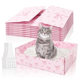 JarThenaAMCS 12Pcs Disposable Litter Boxes for Cats Foldable Pink Bow Pet Litter Pan with Scoop Portable Paper Toilet Tray for Multi-Cats Small Pets Travel
