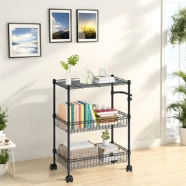 MilleLoom 3 Tier Rolling Storage Cart, Adjustable Wire Storage Shelving Unit, Kitchen Cart On Wheels with Basket and Handle, Metal Organizer Wire Rack for Laundry Bathroom Pantry Room, Black