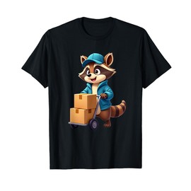 Cartoon Raccoon Delivery Worker with Boxes and Hand Truck T-Shirt