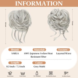 SARLA 2PCS Messy Bun Hair Pieces for Women Detachable Claw Clip Wavy Curly Synthetic Hairpieces for Updos with Tendrils Fake Scrunchies Ponytail Extension Grey Multi
