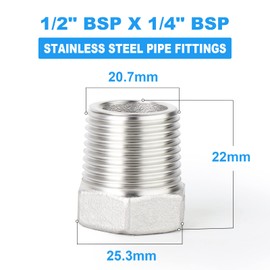 ERGAOBOY 2 Pcs Reducer Hex Bushing, 1/2" Male to 1/4" Female BSP, 304 Stainless Steel Reducing Pipe Adapter Fitting
