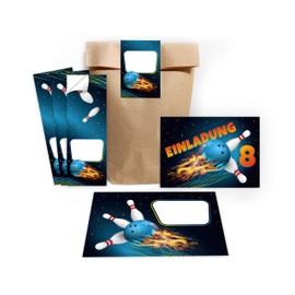 Minkocards 12 Invitation Cards for 8th Children's Birthday Party Bowling Boys Girls Invitations Eighth Birthday Including 12 Envelopes, 12 Party Bags/Natural, 12 Stickers Invitation Set