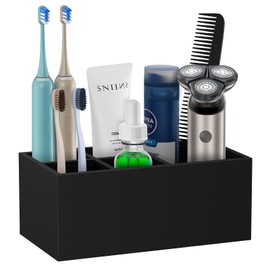 PENGARO Electric Toothbrush Holder, 5 Slots Resin Toothbrush Holders with Drain Hole Bathroom Vanity Organizer Countertop Storage for Toothbrush Toothpaste Sink Bathroom Accessories, Matte Black