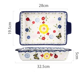 Bicuzat Vintage Style Flower and Butterfly Ladybug Pattern Bakeware Ceramic Casserole Dish Baking Pan Lasagna Pans Baking Dish with Handles for Oven to Table-1 PCS-B-Rec-Large