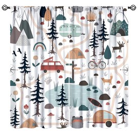 Camping Curtains, Vintage Camper Tent Travel Trailer Outdoor Camping Themed Pattern Window Treatment Retro Nature Scene Design Drapes for Bedroom Living Room, 42" W X 45" L (No Blackout)