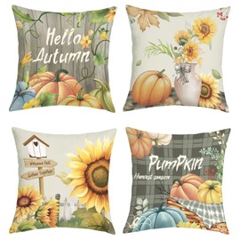 Joymaison Fall Farmhouse Pumpkin Sunflowers Cushion Covers 45 x 45 Pack of 4 Hello Autumn Thanksgiving Harvest Plaid Wood Grain Square Throw Pillow Case Decorative Sofa Cushion with Invisible Zipper