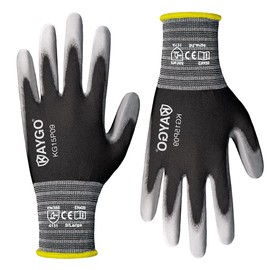 KAYGO Thin Work Gloves PU Coated 12 Pairs, KG15P, Nylon Liner with Flexible Polyurethane Coating Lightweight Safety Work Gloves for Precision Handling Work, DIY, Assembly, Warehouse (Black, L)