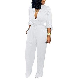 Aro Lora Women's Deep V Neck Long Sleeve Button Down One Piece Wide Leg Jumpsuit Romper Small White