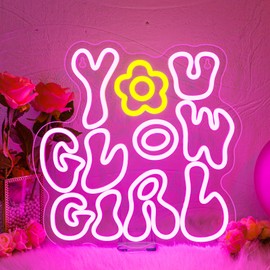 WLHOPE You Glow Girl Neon Sign Pink Led Neon Signs for Wall Decor Glowing Girl Neon Light Signs Man Cave Wall Art Signs for Bedroom Girls Room Bar Club Shop Office Wedding Birthday Party