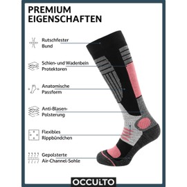 Occulto 2 pairs of women's ski socks with padding in different colours, thermal winter socks for skiing and snowboarding, 2 pairs of pink, 39-42