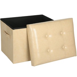 FaiPue Storage Ottoman Foot Rest Stool.Folding Oil Waxed Leather Foot Stool with Thicker Foam Padded Seat. Small Ottoman with Storage Bench for Bedroom Coffee Table 350 lbs, 17x13x13in, Beige.