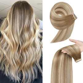 Tape in Hair Extensions Human Hair 24 Inch Balayage Medium Brown to Dark Blonde Double Sided Tape for Skin Weft Hair Extension Invisible Tape in Hair Extensions Straight 20pcs (10/10/22#,24 Inch)
