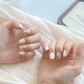 [GLORS] Purely Handmade Short Press On Nails | Elegant Beige Gold Glitter Fake False Nail | Salon Quality in Short Square Press On Nails 10 pieces(M, SS)