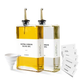 Qudubuy Oil and Vinegar Dispenser Bottles Set of 2 – 16.9oz/500ml Glass Cruet Set Includes 32 Labels, Funnel – Leak-Proof Refillable Kitchen Cooking Oil, Soy Sauce, Dressing Glass Container