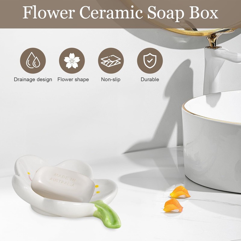 Flower Soap Dish Ceramic, Soap Dish with Drain, Creative Soaps