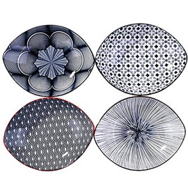 BOSILI Porcelain Dinner Plate Set of 4 Large Japanese Plates Serving for Fruit Salad Dish 8 Inch Blue White Patterns Ship